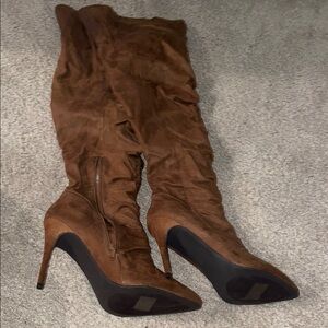 Brown Suede Knee-High Stiletto Boots